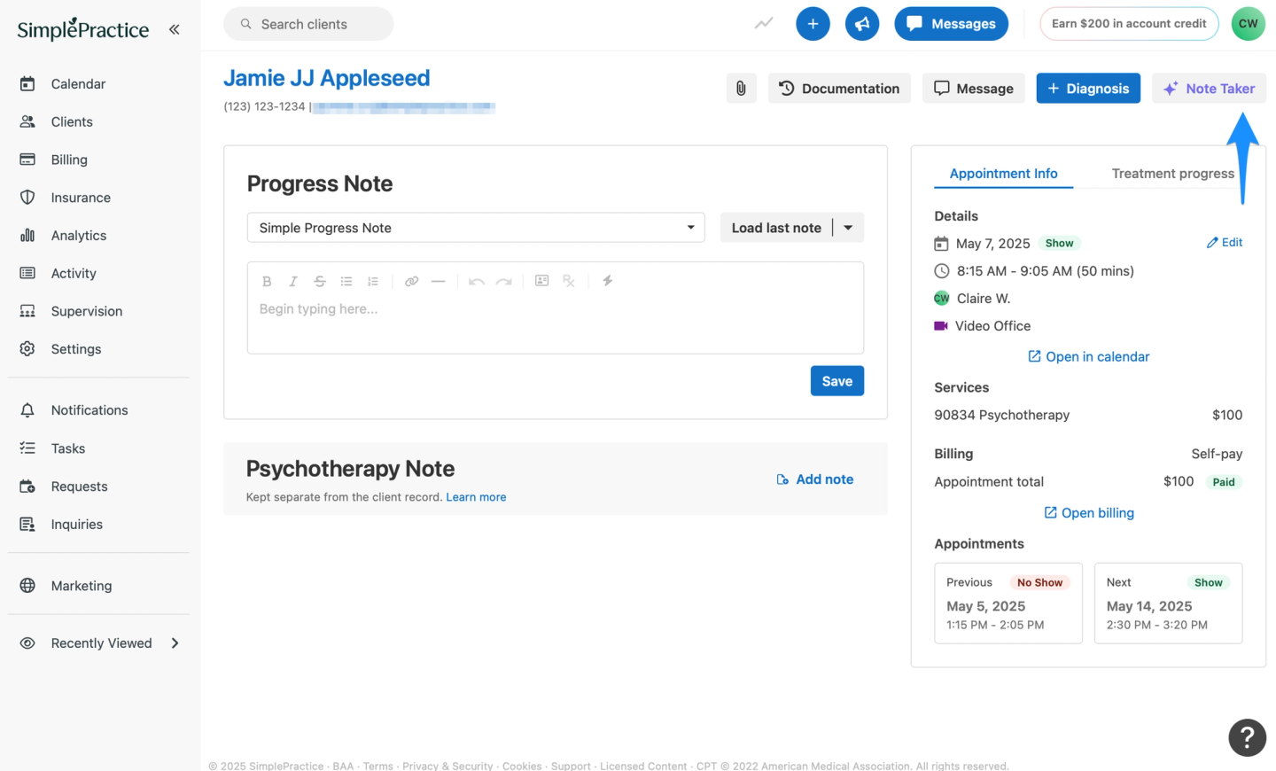 SimplePractice interface showing a client progress note screen with psychotherapy notes and appointment details.