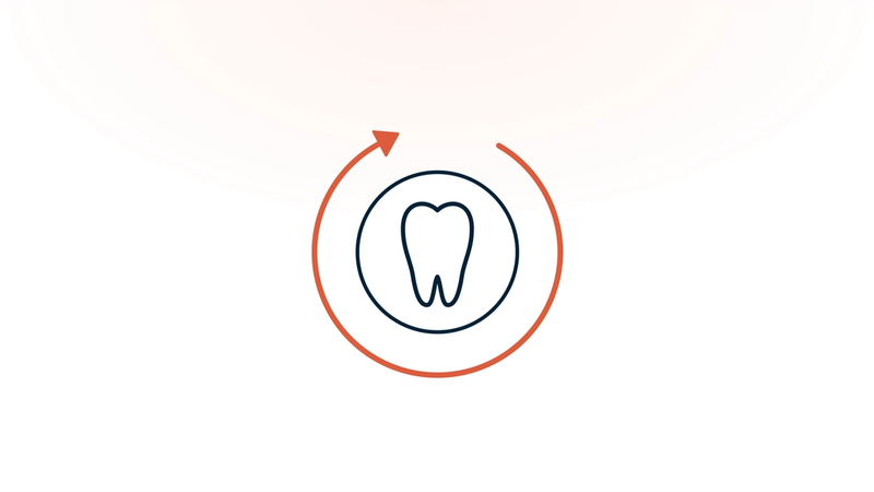 A tooth inside a circle, with a coral arrow looping almost all the way around it and back — a lapsed dental patient returning to the practice.
