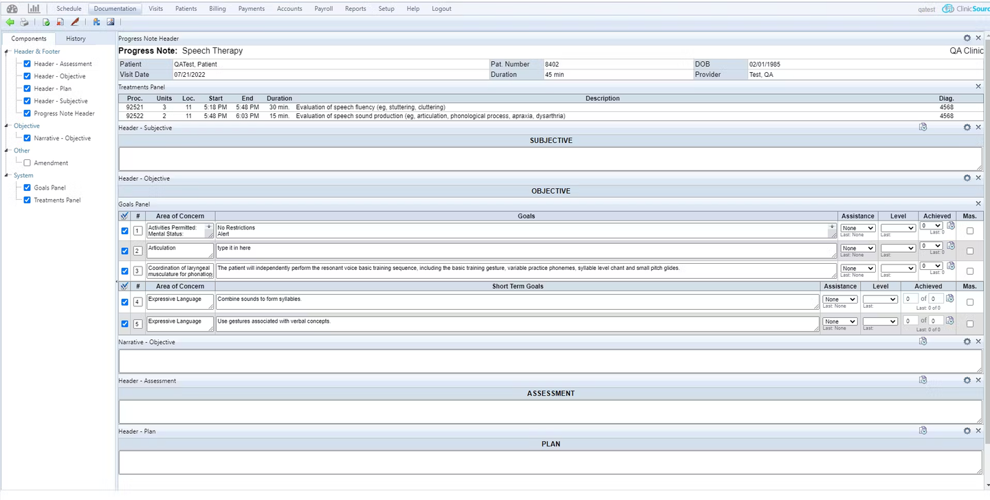 ClinicSource interface displaying a speech therapy progress note with sections for subjective, objective, assessment, and plan, along with treatment details and goal-tracking options.