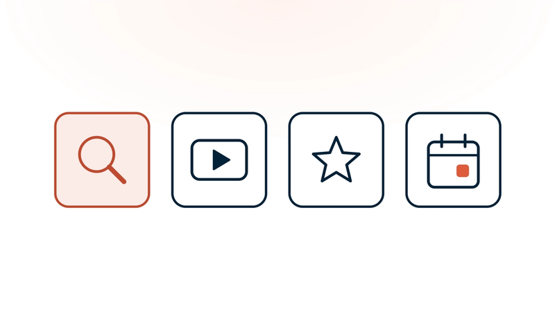 Four tiles for four healthcare marketing strategies: a magnifying glass for search in coral, a play button for video, a star for reviews and a calendar for online booking.