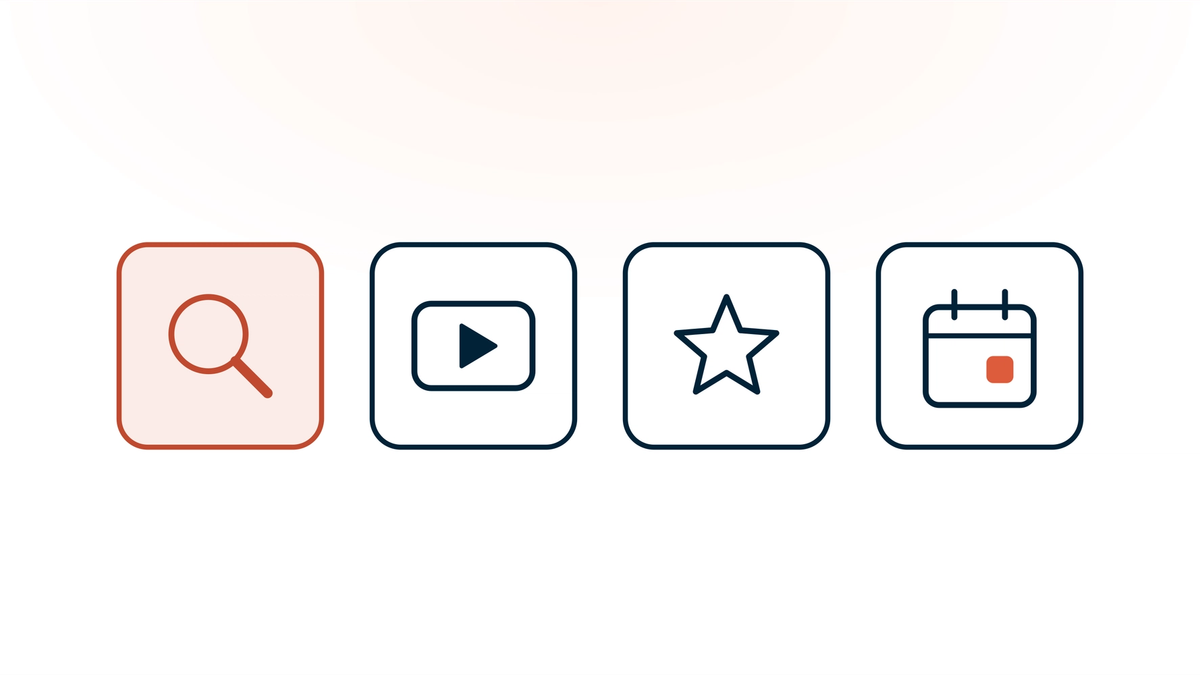 Four tiles for four healthcare marketing strategies: a magnifying glass for search in coral, a play button for video, a star for reviews and a calendar for online booking.