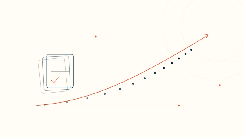 A rising curve with clinician dots growing denser toward the top, next to a stack of completed clinical notes — Twofold's growth to 20,000 clinicians and 20 million notes.