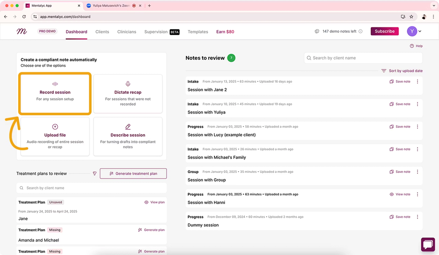 Mentalyc AI dashboard with options to record, upload, dictate, or describe sessions, plus a list of notes to review and treatment plans.