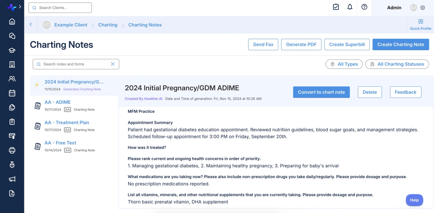 Charting Notes dashboard showing an initial pregnancy note with appointment summary, treatment details, and options to generate PDF or chart note.