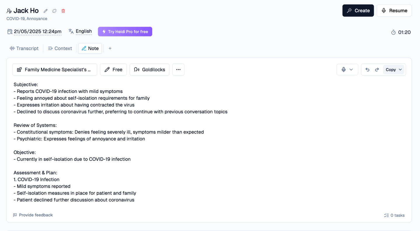 Heidi Health interface showing a COVID-19 SOAP note for patient Jack Ho, with subjective, objective, and assessment sections auto-generated.