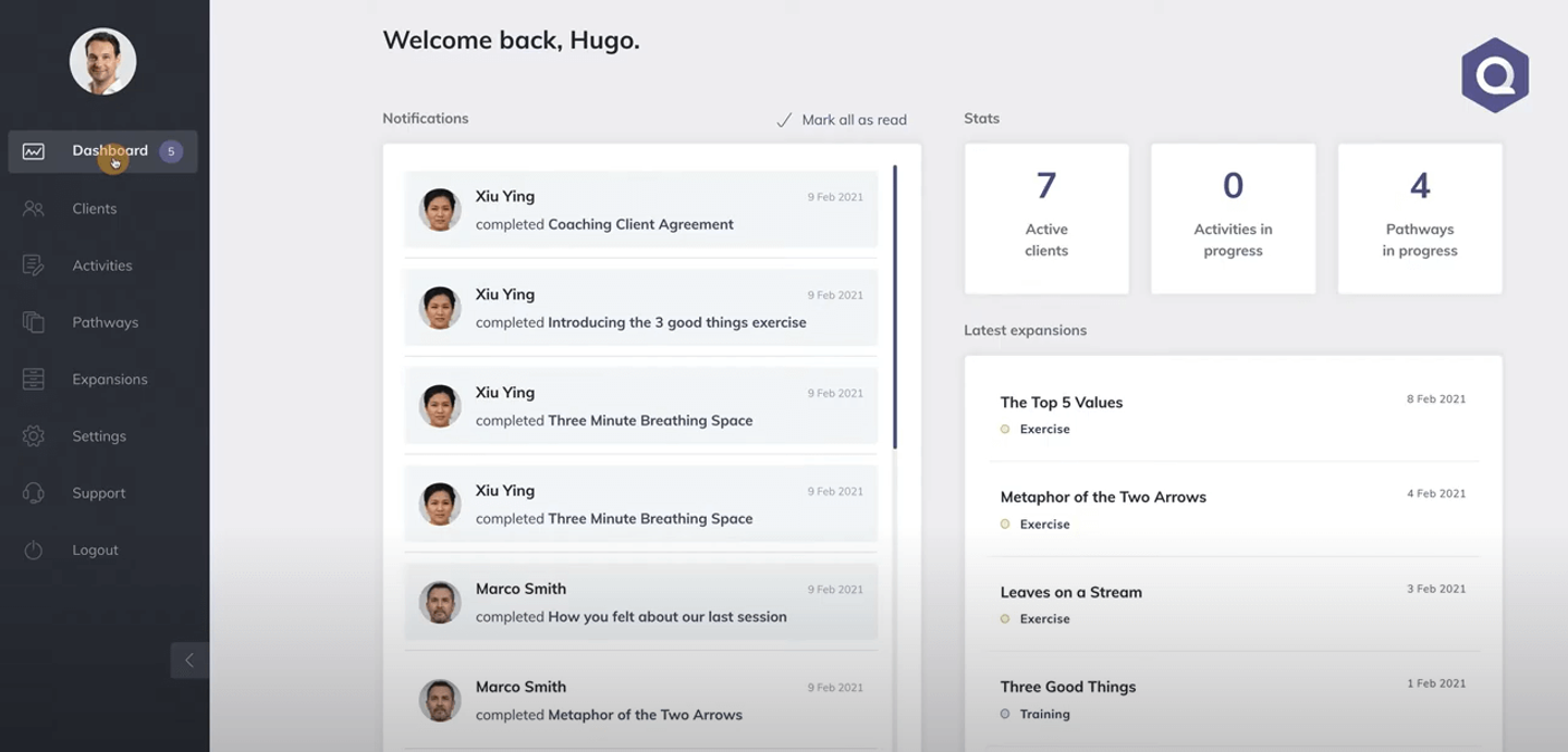 Quenza dashboard displaying client notifications, stats on active clients and pathways, and a list of recent expansions with exercises and training activities.