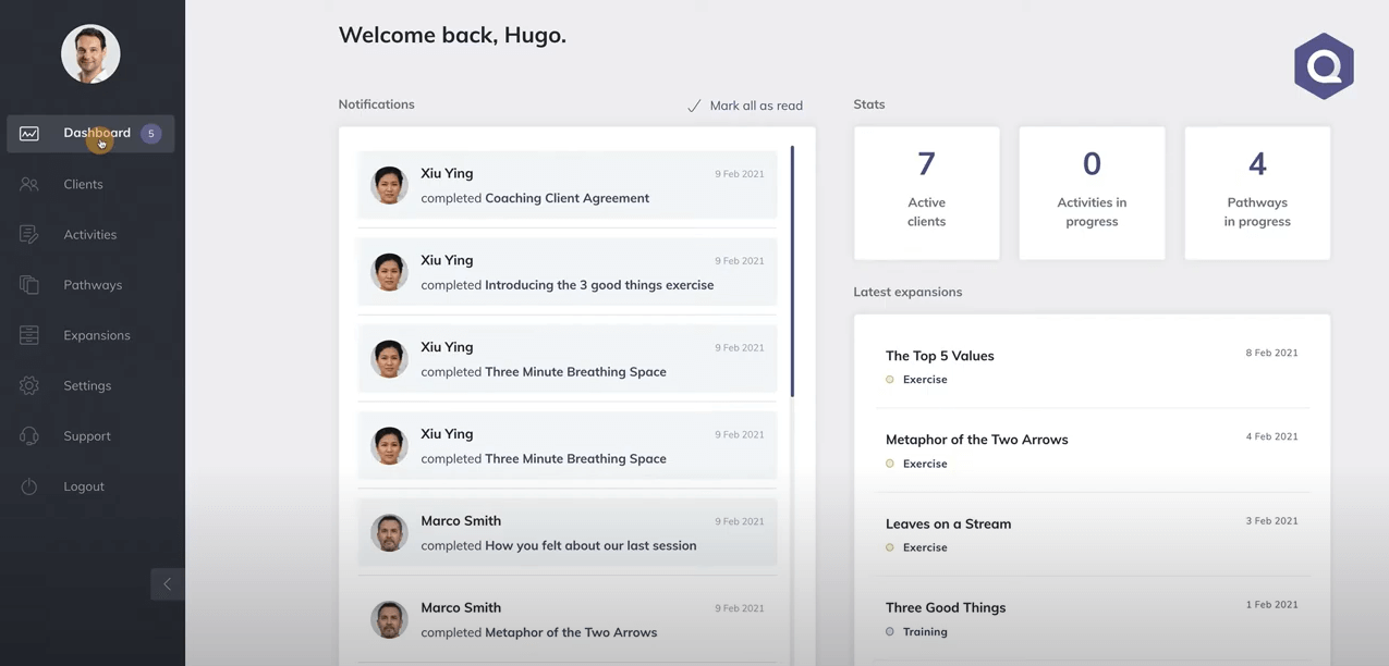 Quenza dashboard displaying client notifications, stats on active clients and pathways, and a list of recent expansions with exercises and training activities.