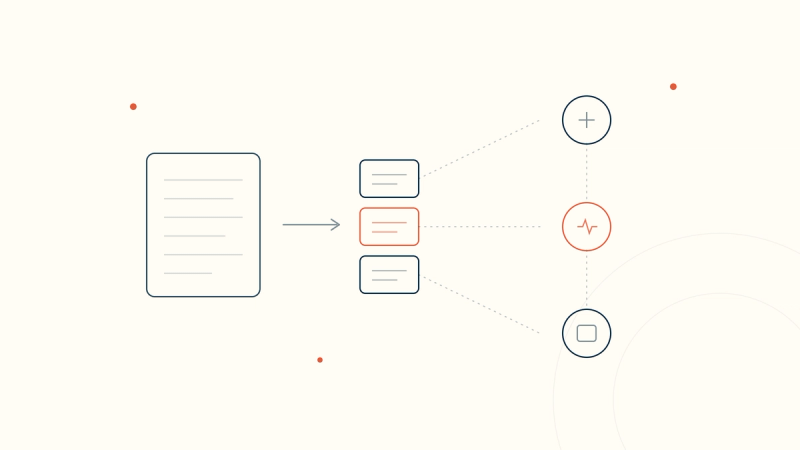 A narrative clinical note being converted into structured data blocks that connect to a network of healthcare systems — the future of AI clinical notes.