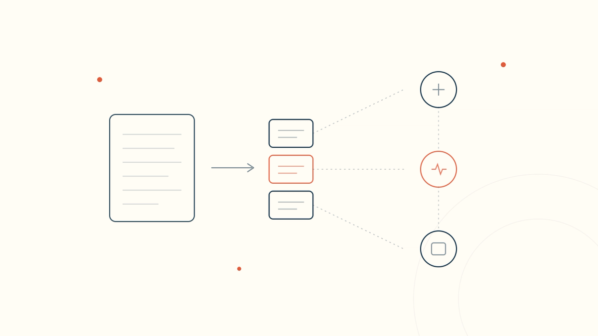A narrative clinical note being converted into structured data blocks that connect to a network of healthcare systems — the future of AI clinical notes.