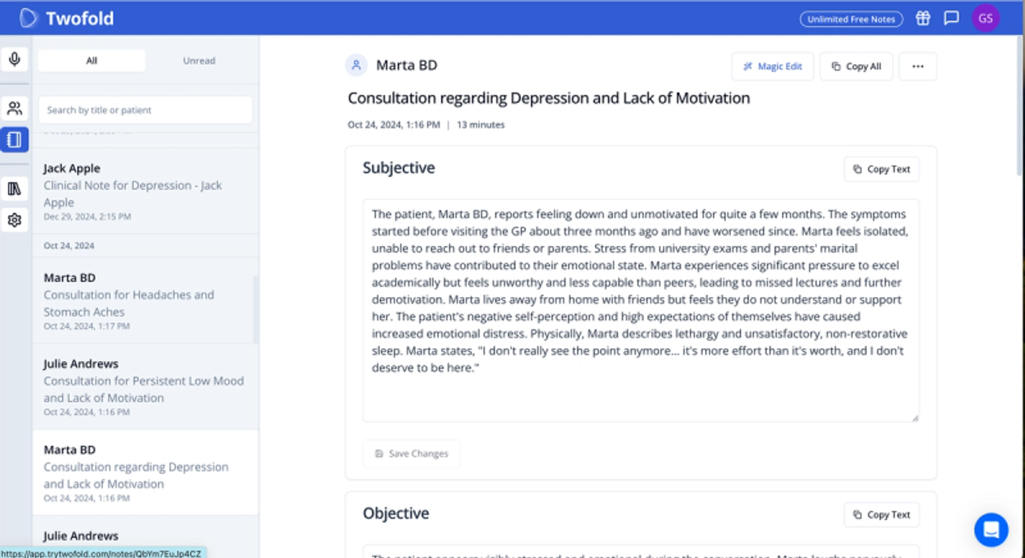 Twofold health dashboard and example note