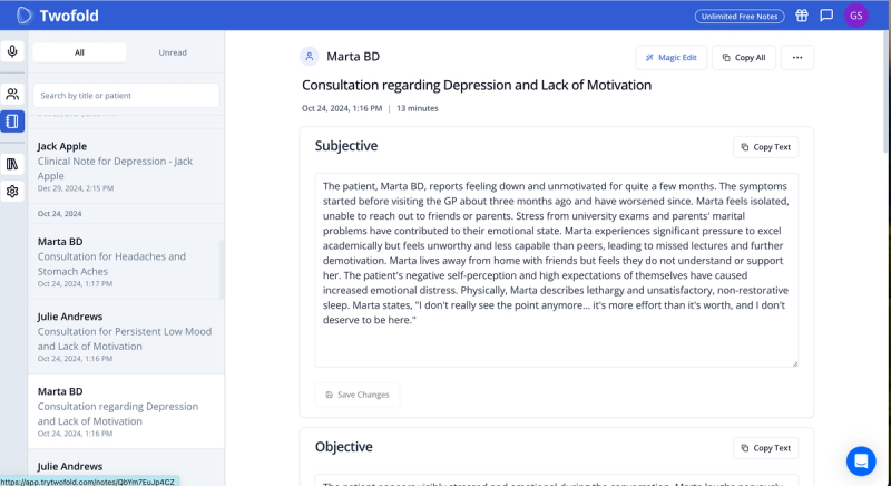 Twofold health dashboard and example note