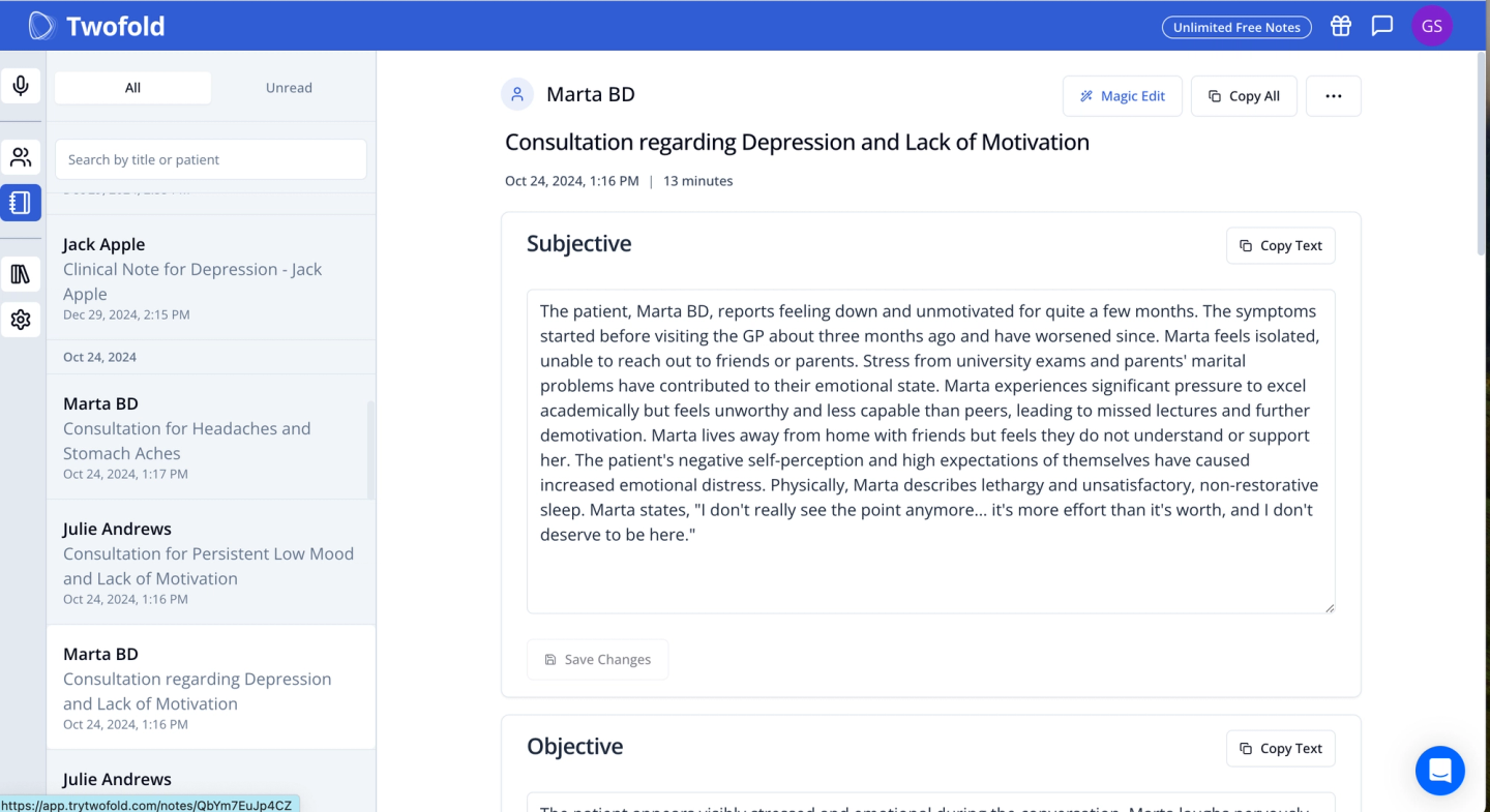 Twofold platform displaying a consultation note on depression and lack of motivation. The interface includes patient notes, a subjective section, and options like Magic Edit, Copy All, and Save Changes.