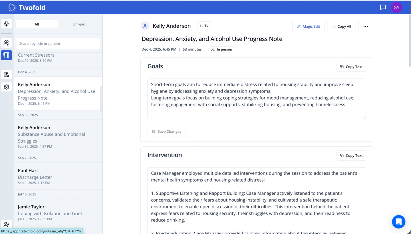 Twofold dashboard showing a patient note titled “Depression, Anxiety, and Alcohol Use Progress Note” with goals and intervention sections in a clinical app.