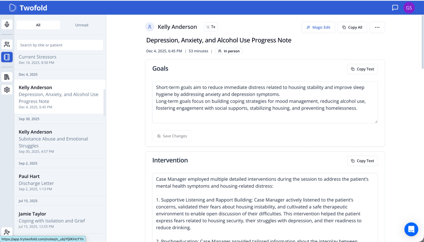 Twofold dashboard showing a patient note titled “Depression, Anxiety, and Alcohol Use Progress Note” with goals and intervention sections in a clinical app.