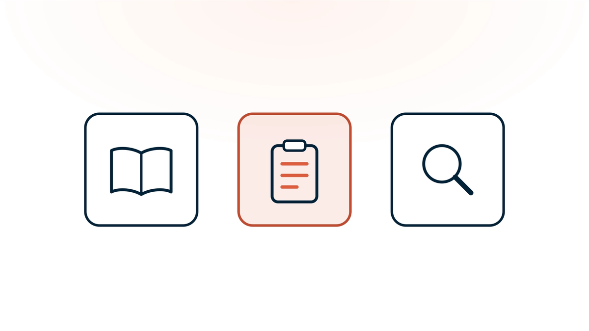 Three tiles for the three ways medical students use AI: an open book for study, a clinical note in coral for the wards, and a magnifying glass for research.