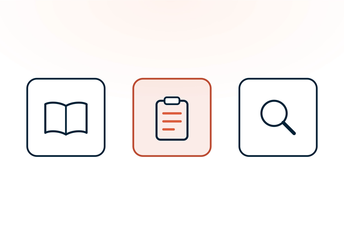 Three tiles for the three ways medical students use AI: an open book for study, a clinical note in coral for the wards, and a magnifying glass for research.