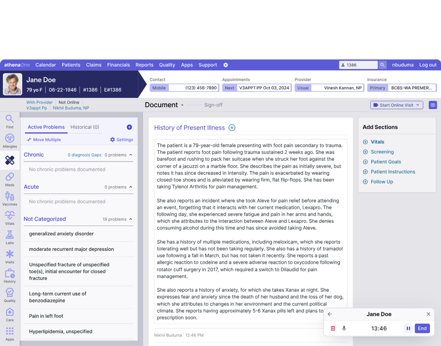 Ambience Healthcare dashboard showing a patient chart with history of present illness, problem list, visit controls, and patient details.