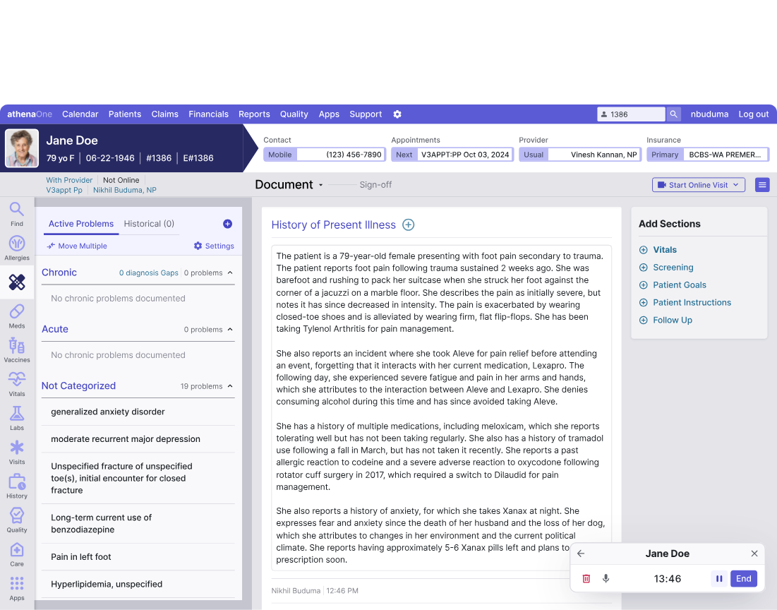 Ambience Healthcare dashboard showing a patient chart with history of present illness, problem list, visit controls, and patient details.