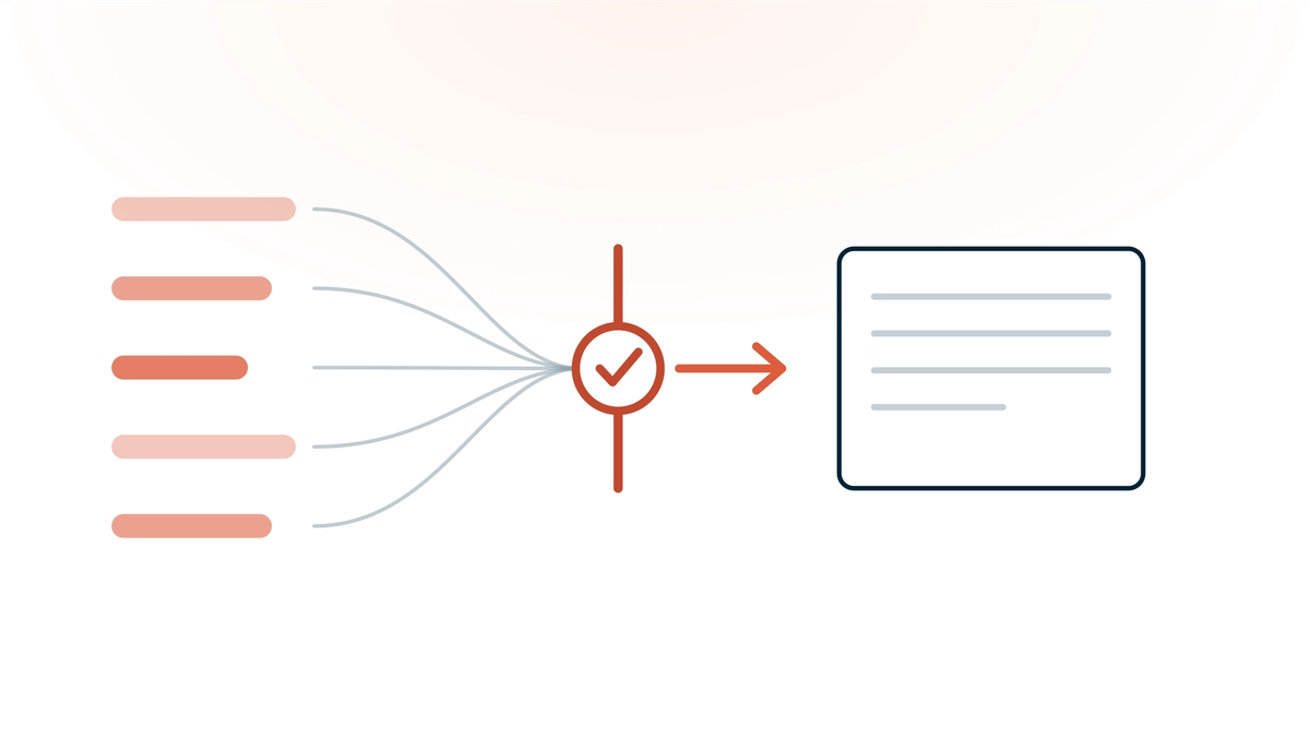 Several generated drafts converging on a single review checkpoint marked with a tick, with one finished note emerging on the other side.