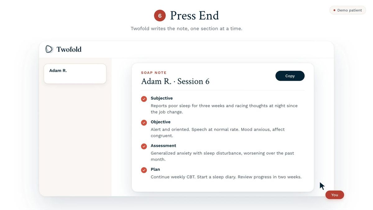 A finished SOAP note in Twofold with Subjective, Objective, Assessment and Plan sections