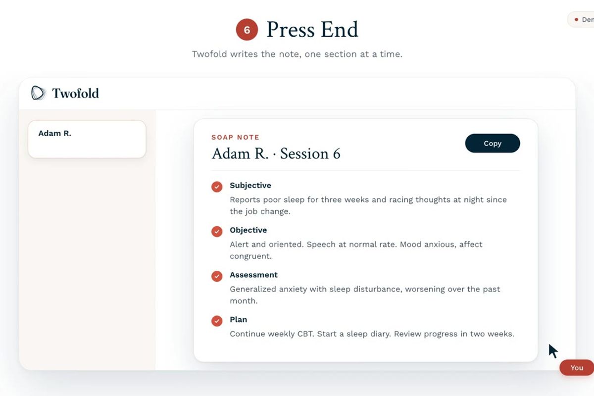 A finished SOAP note in Twofold with Subjective, Objective, Assessment and Plan sections