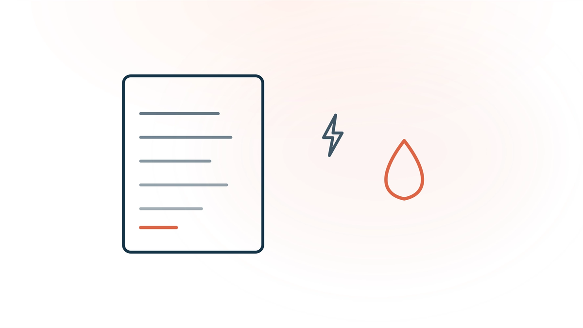 How much energy and water an AI clinical note uses — a clinical note card beside a single coral water droplet and a small energy spark, representing the small per-note environmental cost of AI documentation.