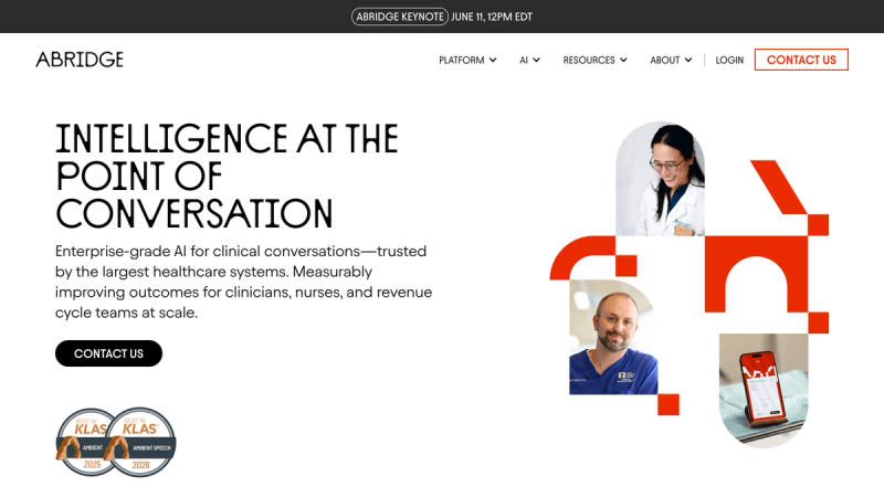 Abridge homepage screenshot from abridge.com. Captured here as editorial reference for the Abridge AI scribe in the outpatient comparison.