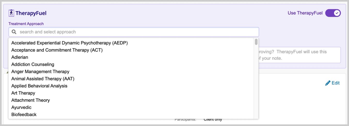 TherapyNotes TherapyFuel interface showing a searchable dropdown of treatment approaches, including AEDP, ACT, addiction counseling, and art therapy.