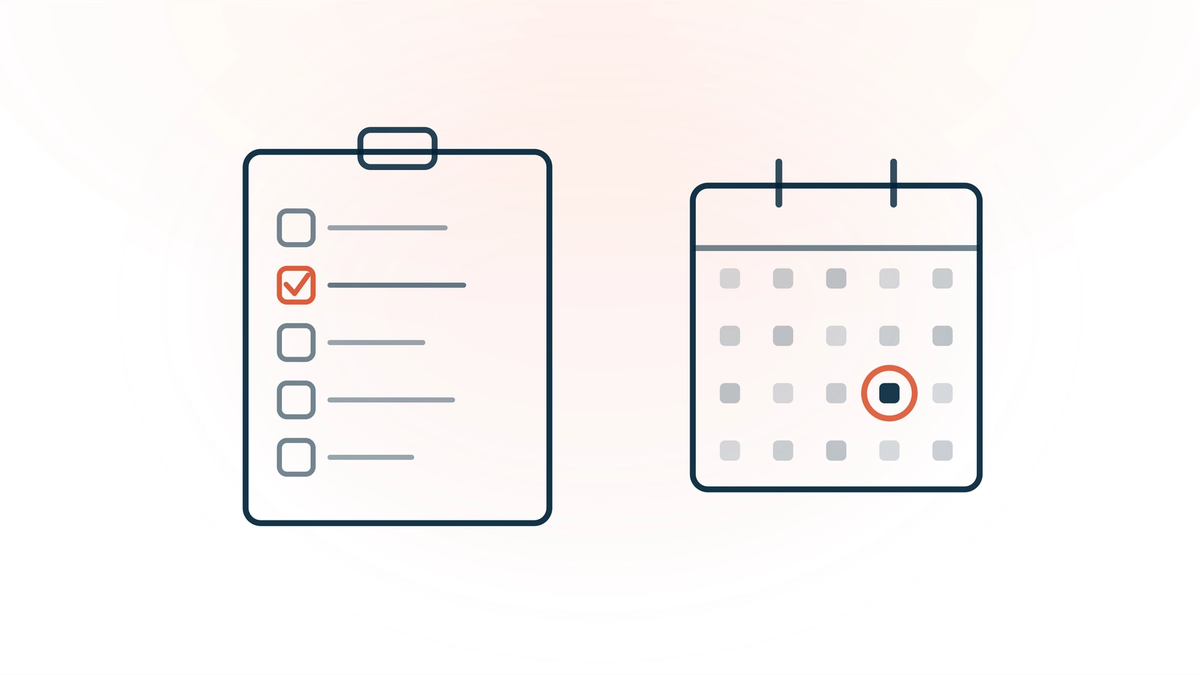 Freed AI renewal audit — a checklist card with a coral checkmark beside a calendar with the renewal date ringed in coral, representing a 10-minute audit to run before the Freed renewal date.