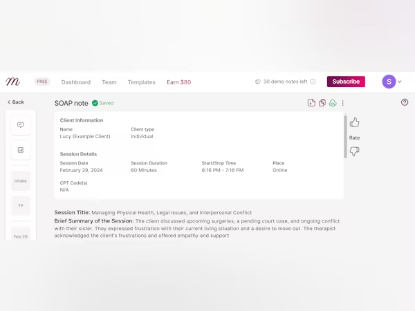 Mentalyc interface showing a saved SOAP note with client details, session information, and an AI-generated therapy session summary.