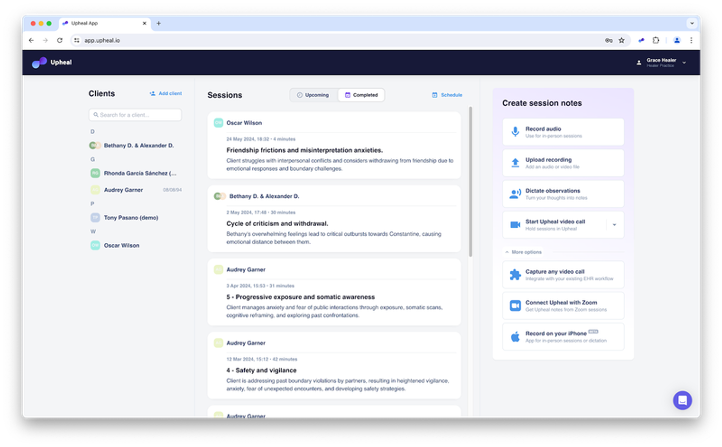 Upheal dashboard showing client list, session summaries, and multiple options to create notes via audio, video, dictation, Zoom, or iPhone.