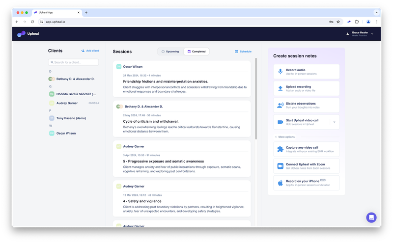 Upheal dashboard showing client list, session summaries, and multiple options to create notes via audio, video, dictation, Zoom, or iPhone.