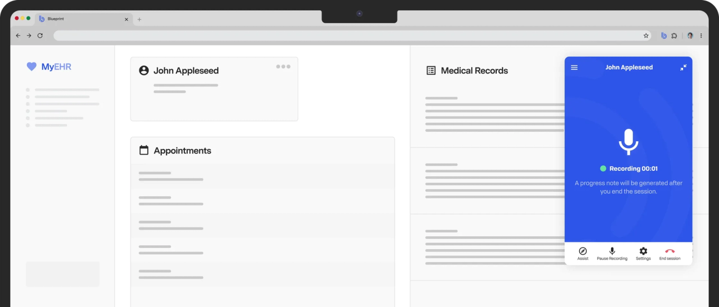 Blueprint AI note taker with an AI recording overlay capturing a session to generate a progress note.