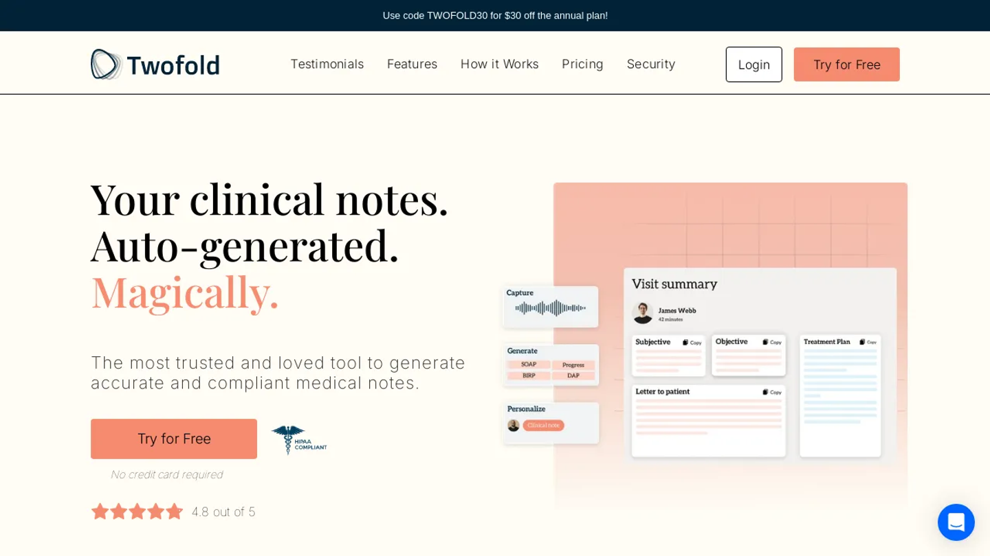 Homepage of Twofold AI showing auto-generated clinical notes, visit summary interface, and call-to-action to try the medical note-taking tool for free.