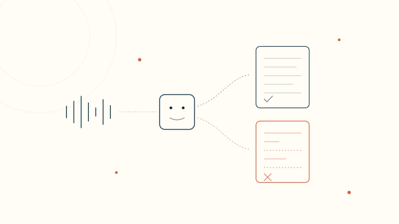 One voice waveform entering an AI system and producing two different notes — one complete, one with missing sections — illustrating bias in AI medical scribes.