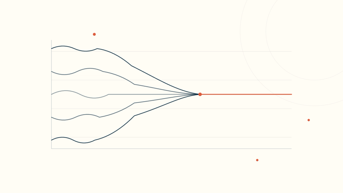 Five distinct wavy lines on a chart converging into a single flat line — clinicians' individual voices homogenizing into one identical AI note style.