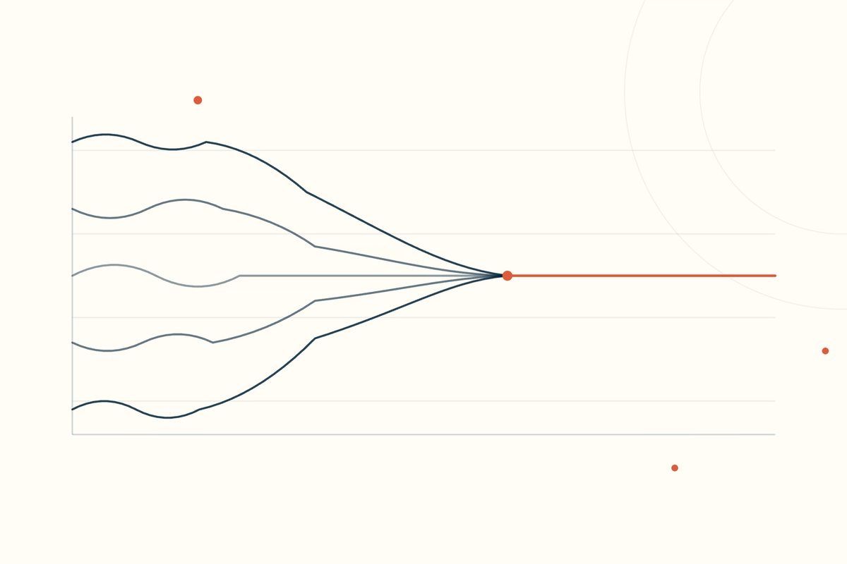 Five distinct wavy lines on a chart converging into a single flat line — clinicians' individual voices homogenizing into one identical AI note style.