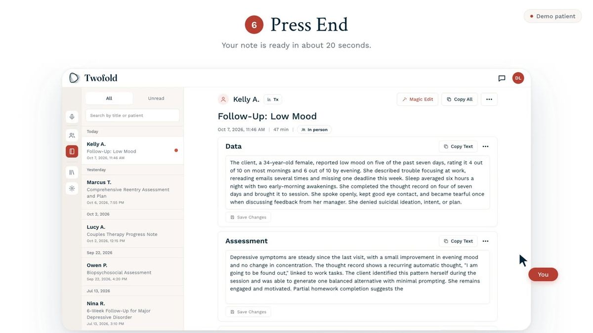 A finished DAP progress note in Twofold for the demo patient Kelly A., with Data and Assessment sections, under the step title Press End: your note is ready in about 20 seconds