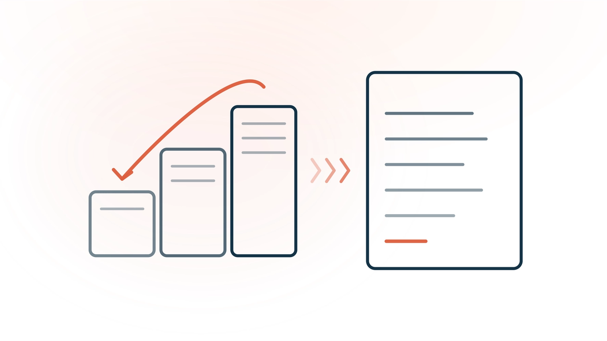 How to cancel Heidi Health — three plan tiers of descending height with a coral downgrade arrow, flowing into a fresh clinical note, representing the choice to cancel or downgrade to Free and switch AI scribes without a documentation gap.