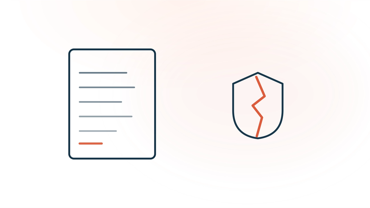 AI vendor data breach notification — a clinical note card beside a shield with a coral fracture running through it, representing compromised vendor infrastructure holding protected health information.