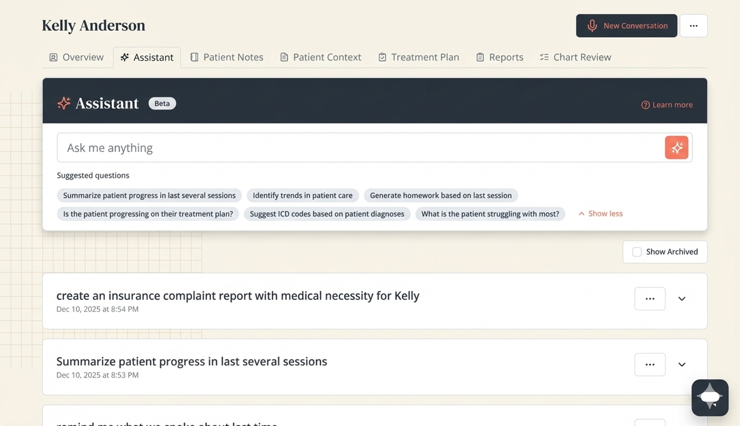 Twofold Health AI ambient listening tool showing the patient dashboard with an AI Assistant tab, suggested questions, search bar, and recent actions.