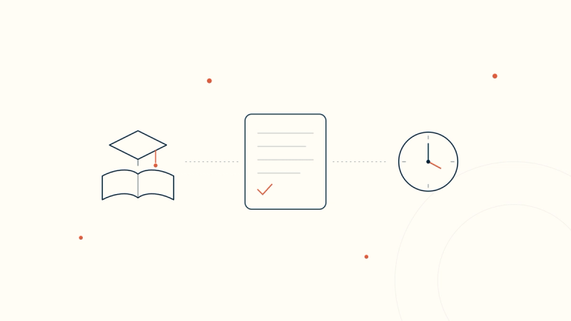 A clinical note connected to a graduation cap over a book on one side and a clock on the other — residents gain training value while attendings gain time from AI clinical notes.