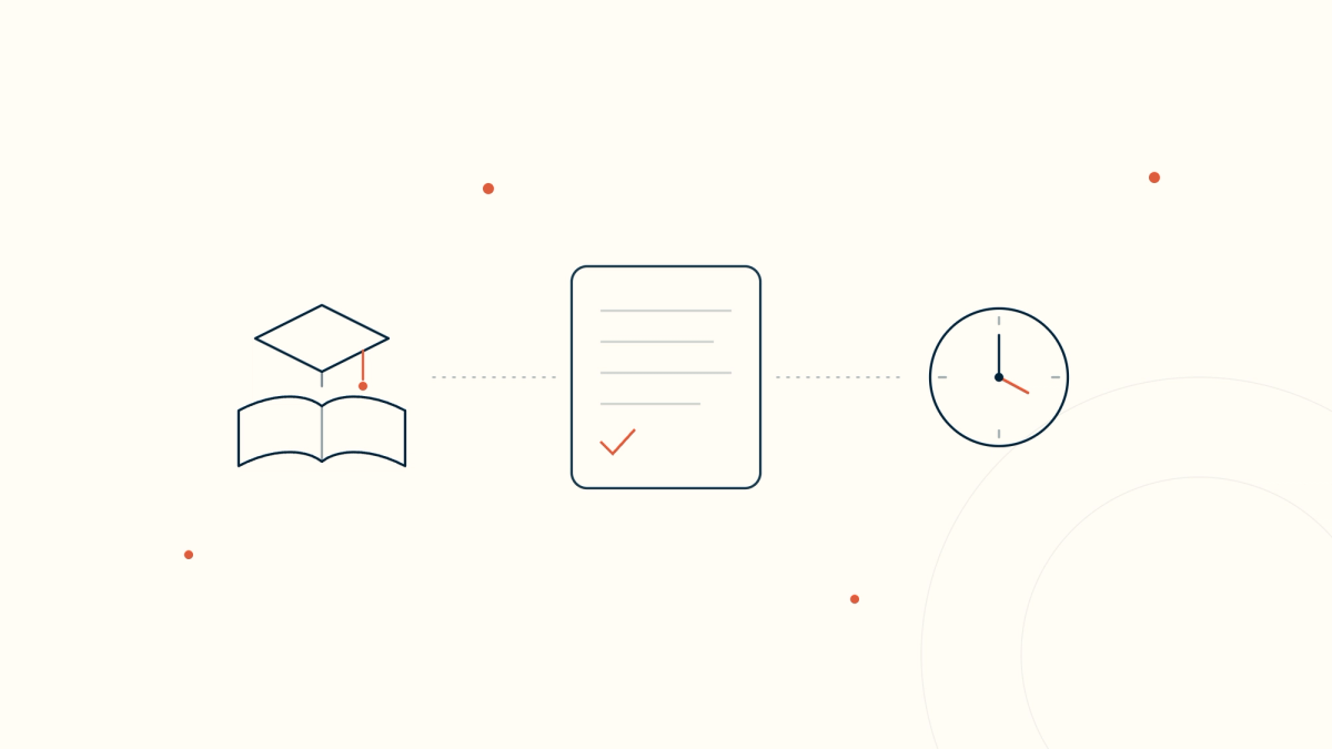 A clinical note connected to a graduation cap over a book on one side and a clock on the other — residents gain training value while attendings gain time from AI clinical notes.