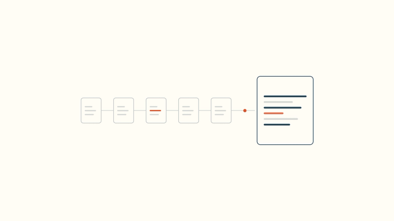 Abstract diagram of five session-note cards connected along a timeline and flowing into a larger treatment-plan document, representing AI linking therapy notes across sessions over time.