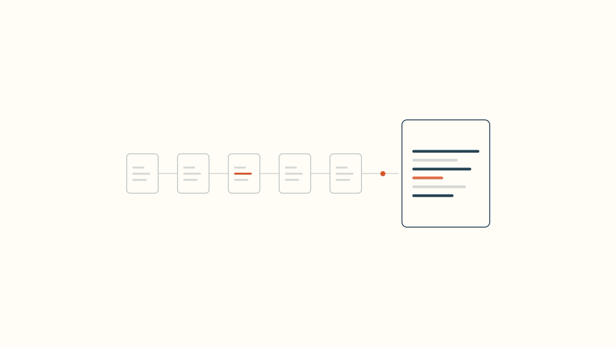 Abstract diagram of five session-note cards connected along a timeline and flowing into a larger treatment-plan document, representing AI linking therapy notes across sessions over time.