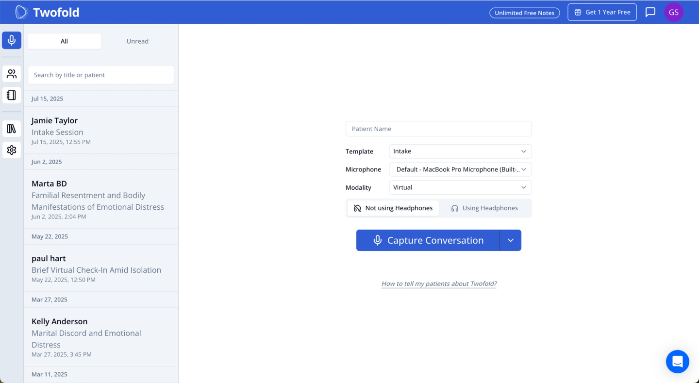 Twofold Health dashboard showing patient notes list and settings for capturing a virtual intake session