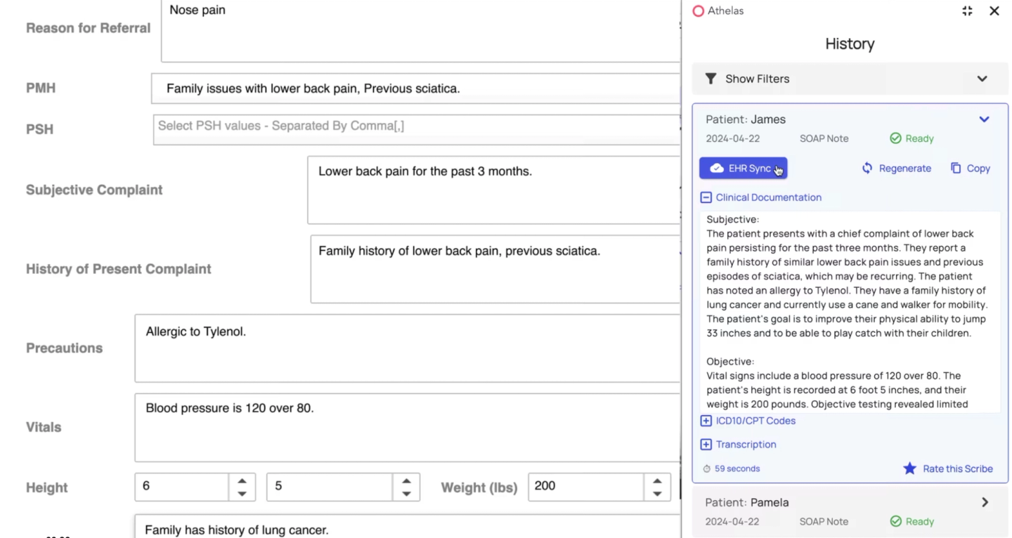 Athelas scribe showing a new recording setup. Users can enter a patient name, select a SOAP template, choose session type (In-Person or Virtual), and start recording.
