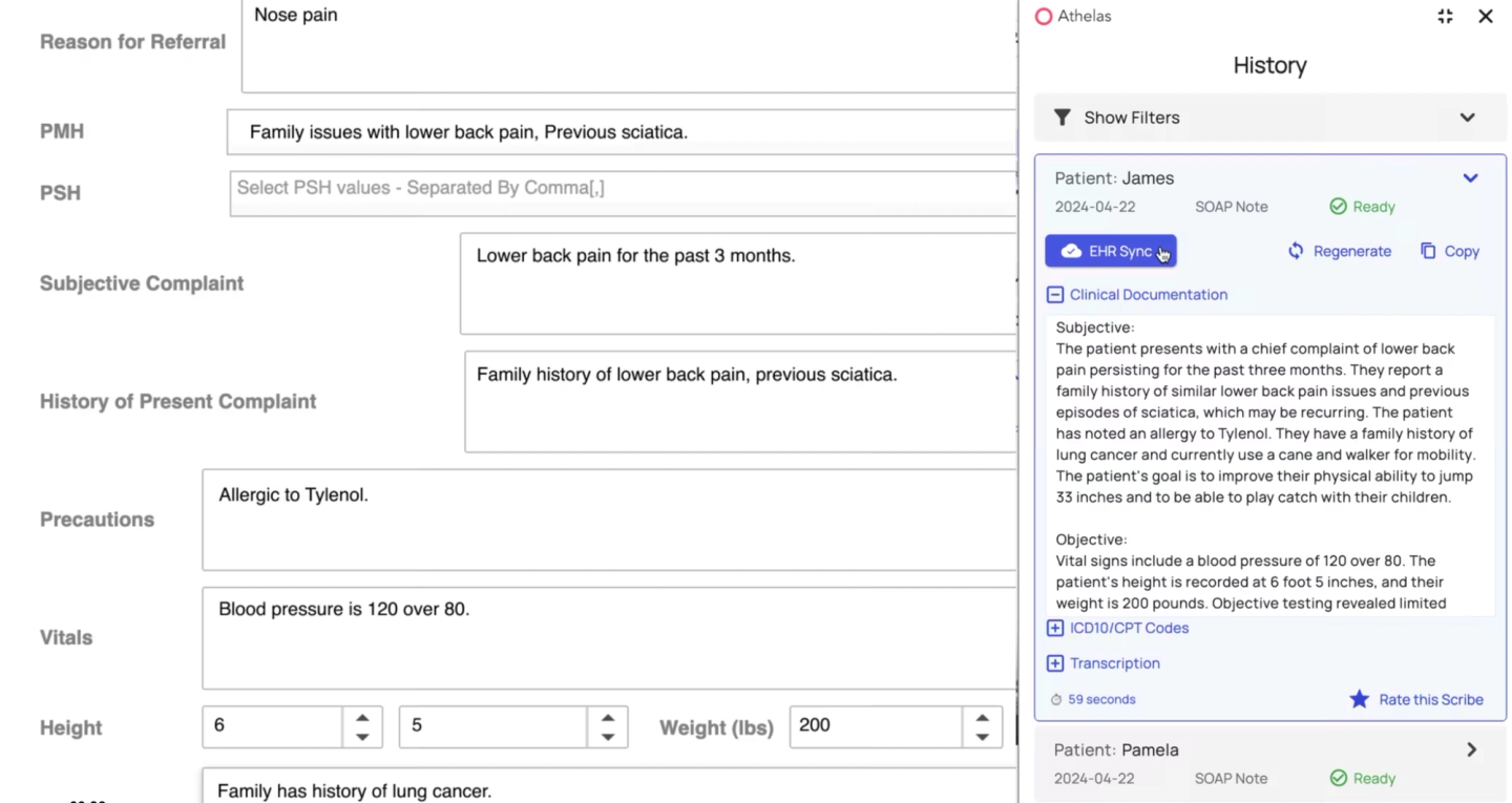 Athelas scribe showing a new recording setup. Users can enter a patient name, select a SOAP template, choose session type (In-Person or Virtual), and start recording.