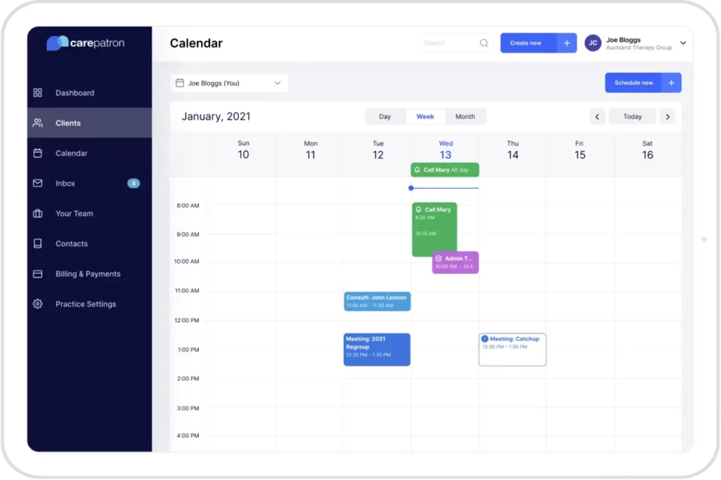 Carepatron interface displaying a weekly calendar view for January 2021, showing scheduled calls, consultations, and meetings, with navigation and scheduling options on the left panel.