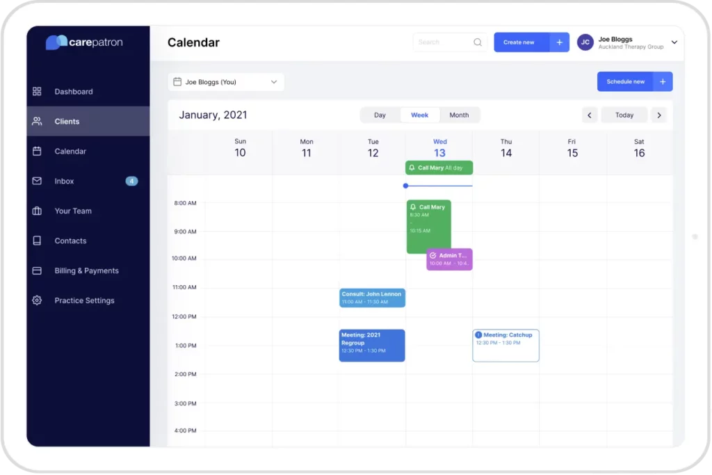 Carepatron interface displaying a weekly calendar view for January 2021, showing scheduled calls, consultations, and meetings, with navigation and scheduling options on the left panel.